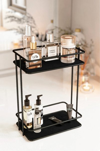 Bino 2 Katlı MDF Yüzeyli Metal Makyaj Organizeri Parfüm Kozmetik ve Takı Düzenleyici Siyah Stand Makyaj ve Takı Organizer.