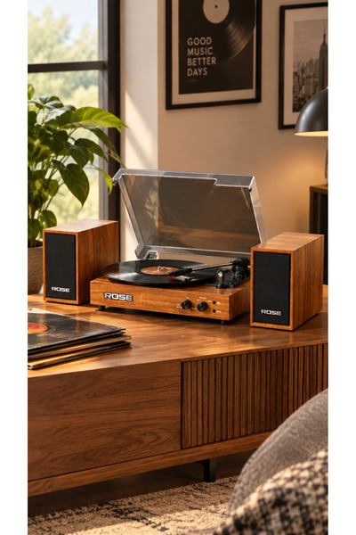 Rose RP-2300 Ahşap Harici Stereo Hoparlörlü Bluetooth Pikap Plak Çalar (33/45...