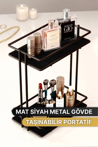 Bino 2 Katlı MDF Yüzeyli Metal Makyaj Organizeri Parfüm Kozmetik ve Takı Düzenleyici Siyah Stand Makyaj ve Takı Organizer.