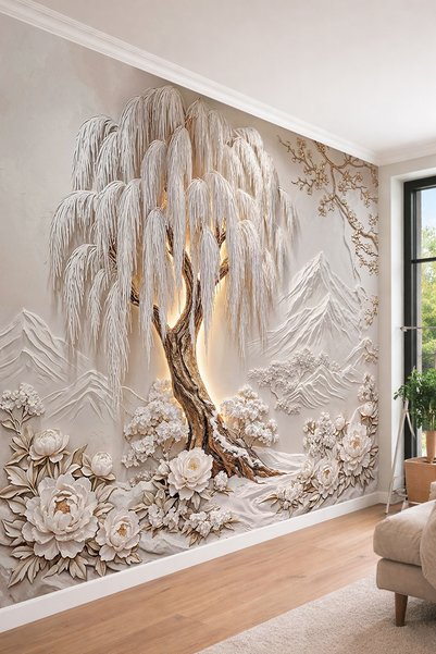 dreamwall Dağ Manzaralı Salkım Ağaç Kabartması, Şakayık Çiçekleri ve Aydınlat...