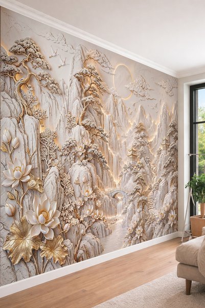 dreamwall Aydınlatmalı Dağlar, Lotus Çiçekleri, Bonsai Ağaçları ve Pagoda Mot...