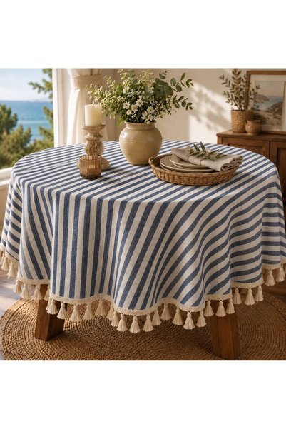 Luxoras Home Striped Navy Blue Linen Tasseled Round Tablecloth Simple Natural...