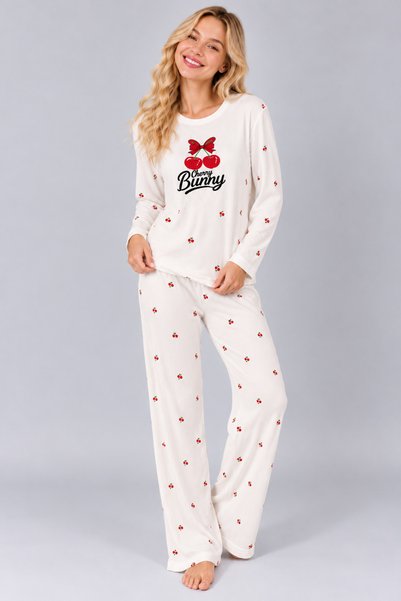 Pijamask Kadın Waffle Kumaş Baskılı Desenli Bisiklet Yaka Uzun Kollu Rahat Kesim Pijama Takımı