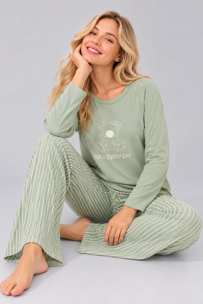 Pijamask Kadın Waffle Kumaş Baskılı Desenli Bisiklet Yaka Uzun Kollu Rahat Kesim Pijama Takımı
