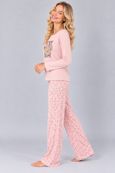 Pijamask Kadın Waffle Kumaş Baskılı Desenli Bisiklet Yaka Uzun Kollu Rahat Kesim Pijama Takımı