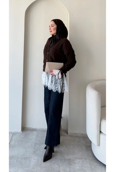 RFK Butik Women's Lace Detailed V-Neck Hijab Knitwear Cardigan - Brown