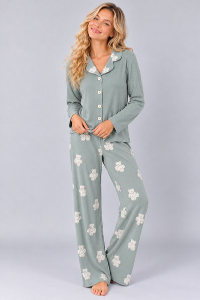 Pijamask Kadın Waffle Dokulu Düğmeli Gömlek Yaka Uzun Kollu Desenli Rahat Kesim Pijama Takımı