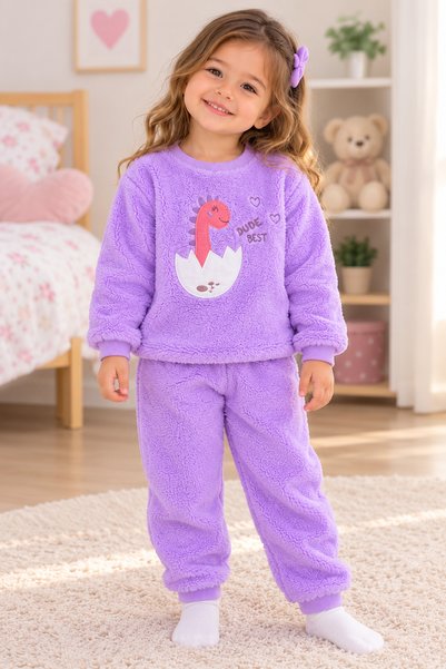 SERPİL Kız Çocuk Dinozor Figürlü Peluş Alt Üst Takım Pijama Takımı