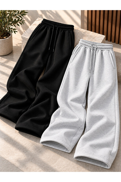 yx yustex sport 2 Adet Kışlık Eşofman Altı Unisex (SİYAH ve GRİ) Bol Paça Ove...