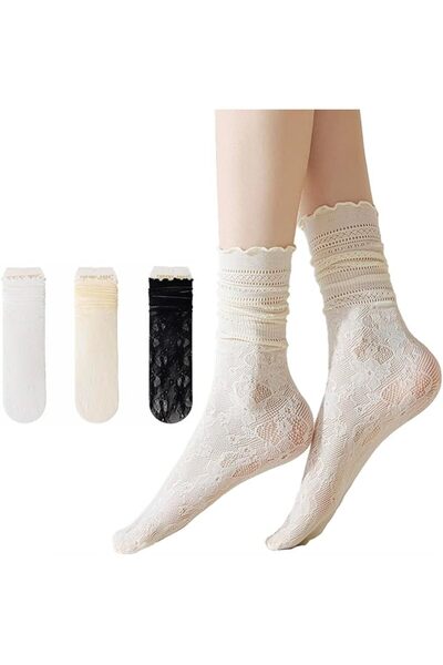 GENERAL 3 Pairs of Women's Lace Socks with Lace Trim Long Lolita Boot Socks S...