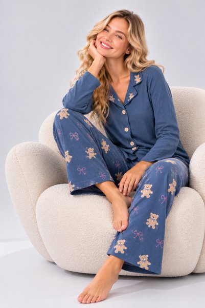 Pijamask Kadın Waffle Dokulu Düğmeli Gömlek Yaka Uzun Kollu Desenli Rahat Kesim Pijama Takımı