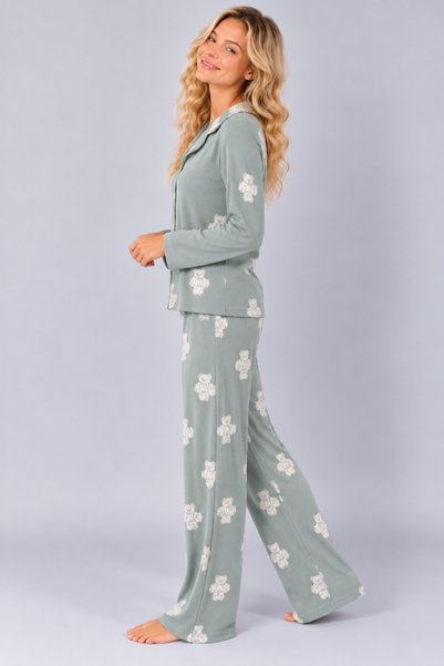 Pijamask Kadın Waffle Dokulu Düğmeli Gömlek Yaka Uzun Kollu Desenli Rahat Kesim Pijama Takımı
