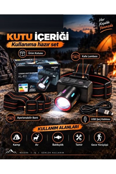 Kenko Pro Şarjlı Kafa Lambası Hareket Sensörlü Pil Göstergeli Güçlü Led Fener Kamp Avcı Balıkçı Feneri KL-811