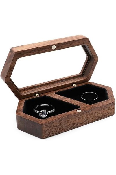 GENERAL Tazweeq Wooden Ring Box Jewelry Boxes For Women 2 Slots Walnut Double...