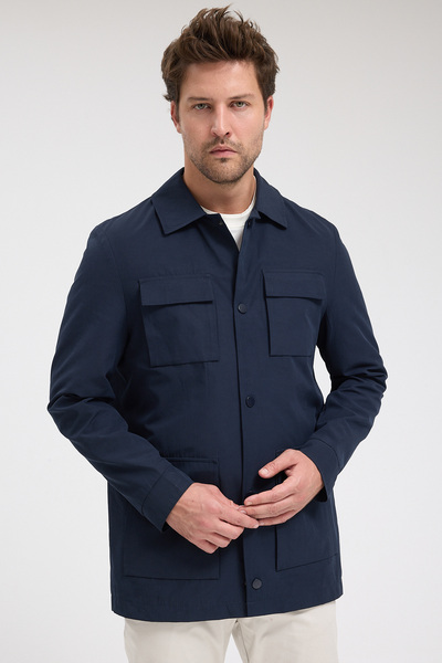 Frappoli Madrid Men's Navy Blue Slim Fit Cotton Casual Trench Coat with Snap ...