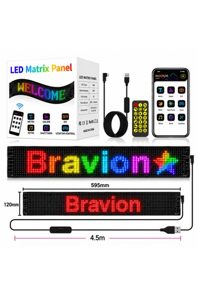 BRAVİON RGB LED Kayan Yazı Tabelası 60x12 cm – Bluetooth Uygulama Kontrollü, ...