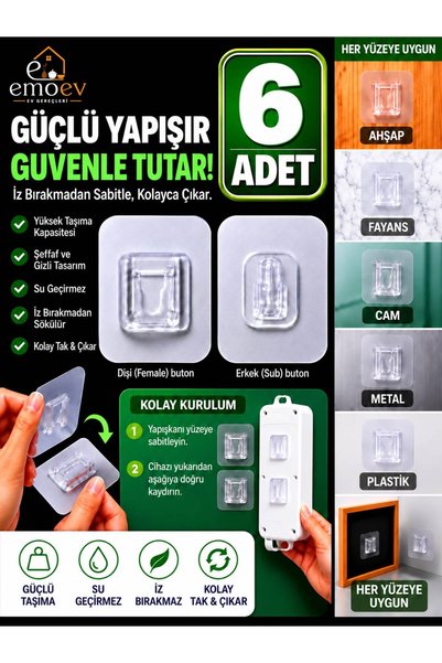 Emoev 6 Çift Geçmeli Yapışkanlı Askı Aparatı Şeffaf Delme Vidalama Gerektirmez