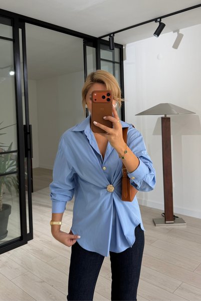 Sezgi Tekin Blue Poplin Shirt with Gold Accessory Buttons