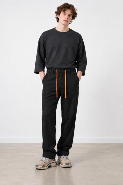 TENA Men's Black Rope-Tie Baggy Fabric Polymide Trousers