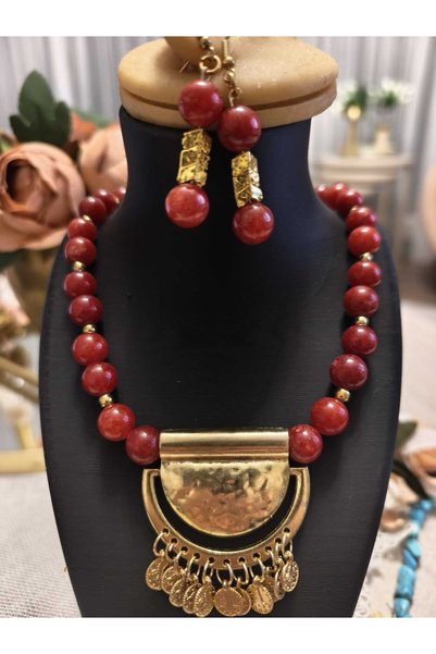 PARZEN Kırmızı Akik Doğal Taş Kolye ve Küpe Seti – Gold Detaylı Otantik Tasar...