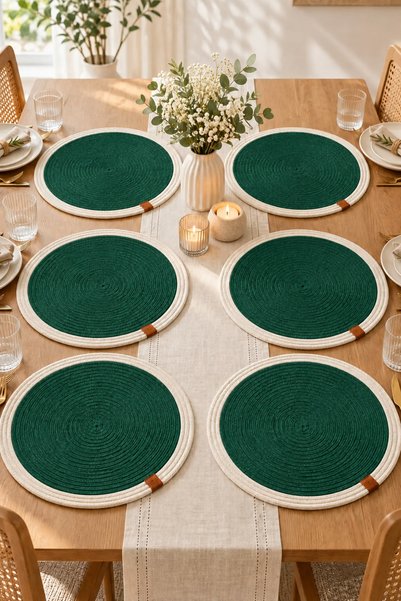 Naspar 6 Pieces of Christmas Concept Green Cream Round Placemats / Stitched American Placemats / Christmas Table Decoration