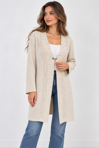 CNR TEKSTİL Women's Pearl Detailed Special Design Long Knitwear Cardigan – V-...
