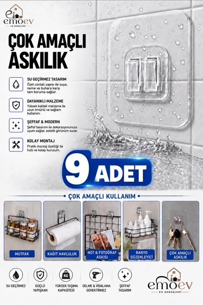 Emoev 9 Adet Çok Amaçlı Şeffaf Yapışkanlı Askılık Seti Delme ve Vidalama Gere...