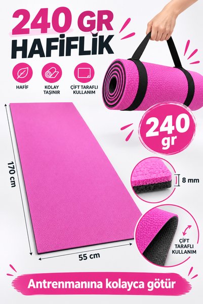 Tosima Pilates Yoga Minderi 170x55 cm 8 mm Çift Taraflı Pembe Siyah Taşıma As...