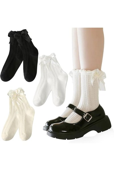 NALACAL 3 Pairs Socks With Bows For Women, Frilly Socks with Bows Ruffle Crew...