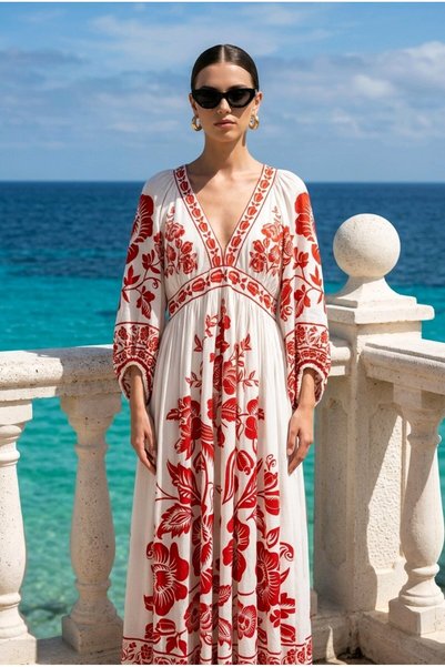 İthal Women's Ecru Red Ethnic Floral Embroidered V-Neck Balloon Sleeve Maxi C...