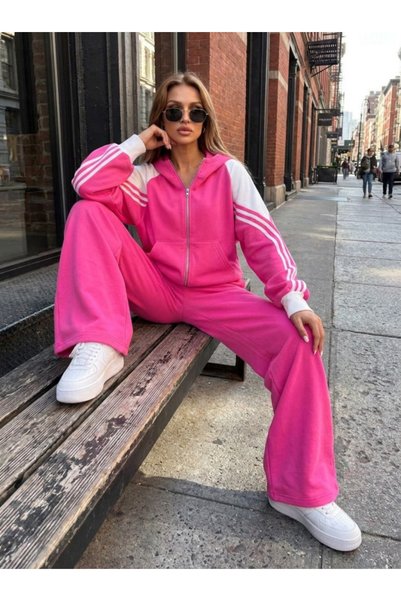 Şeker Portakalım Women's striped zip-up hooded wide-leg two-piece tracksuit set