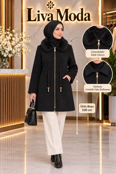 LİVAMODA43 NEFİSE TESETTÜR ANGORA KÜRKLÜ BAĞCIKLI ÇİFT FERMUARLI CEPLİ HIRKA