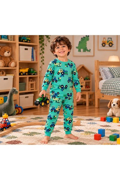 TUGSE Truck Pattern Green Boys Long Sleeve Cotton Bottom Top Pajama Set