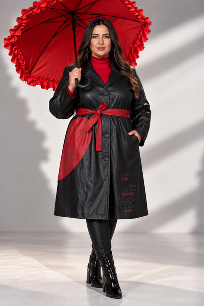 AL ANYAXXL Plus Size Women's Black 44-48 Size Red Detailed Leather Look Long ...