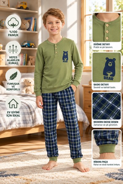 İYİBU Boy's Pajama Set 100% Cotton Long Sleeve Teddy Bear Printed Plaid Patte...