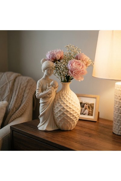 novex3D Vaza decorativa cu statueta mama si prunc, cadou pentru mama, crem