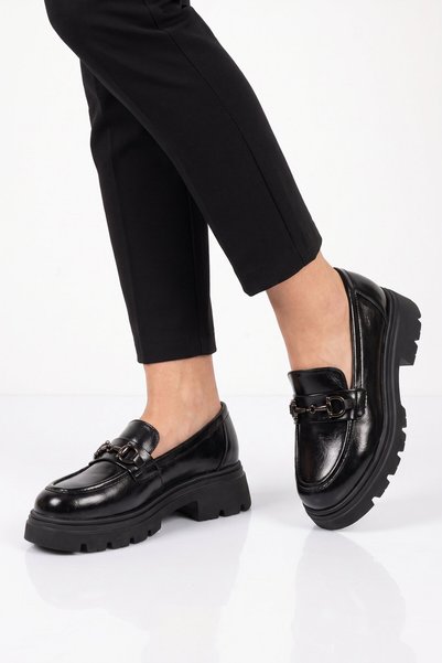AYAKMOD Kadın Loafer Ayakkabı Siyah Cilt Tokalı Kalın Taban Şık Kadın Klasik Casual Ayakkabı 572508