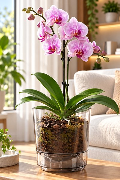 TEMMUZ HOME 2.3 Litre Şeffaf Füme Su Hazneli Orkide Saksısı, Drenajlı, Dekora...