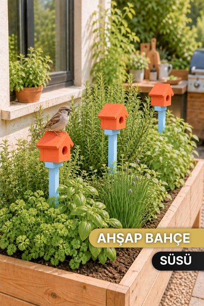 Bino Ahşap Kuş Yuvası Dekoratif Kuş Evi Saksı, Balkon Bahçe Süsü Toprağa Saplamalı 52 cm 1 ADET