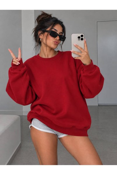 KOZZ STYLE Women's 3 Yarn Organic Cotton Oversize Basic Crew Neck Sweatshirt ...