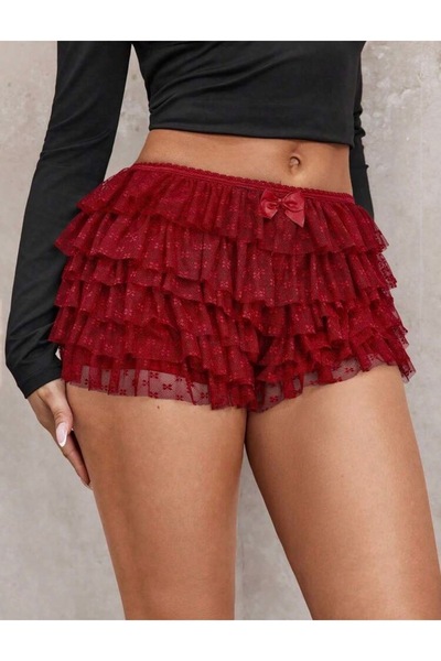 La Saade Cherry Coquette Kırmızı Kat Kat Dantelli Fiyonklu Şort