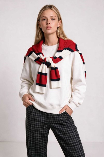 Lovelyİstanbul Oversize Şardonlu Basic Sweatshirt LRN0082 EKRU