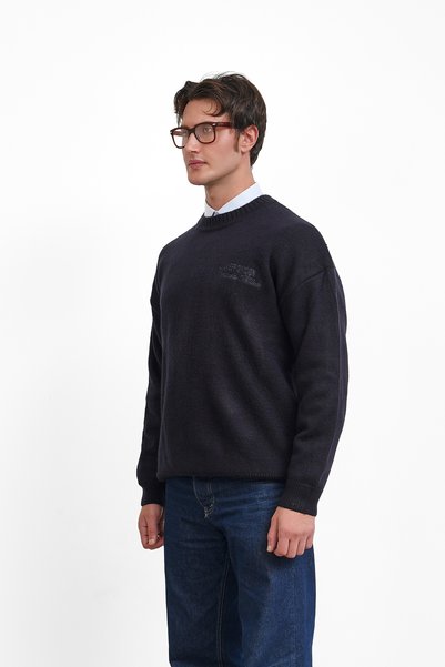 MODEFENDİ Wool Blend Crew Neck Sweater with Text Detail