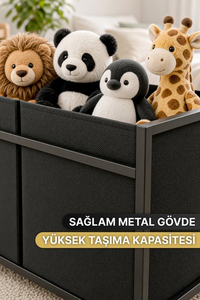 Bino Oyuncak Sepeti Çift Bölmeli Metal Gövdeli Kumaş Oyuncak Saklama Kutusu Çocuk Odası Düzenleyici Siyah