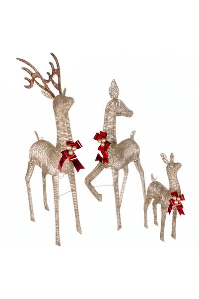 Herdekora Christmas Ornament Deer Metal Illuminated Red Bow Set of 3 Gold