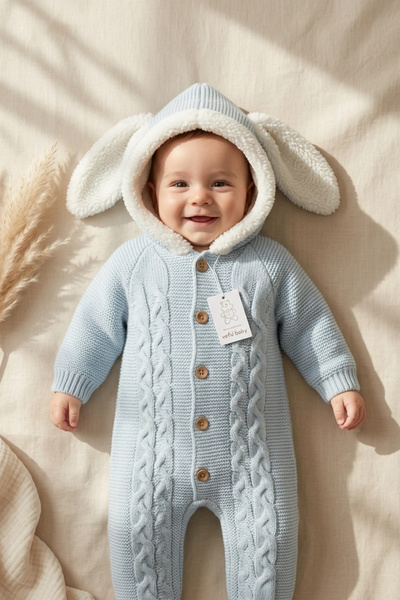 Babydonat Mila Baby Mavi Tavşan Kulaklı İçi Kürklü Kapüşonlu Örgü Bebek Tulum...