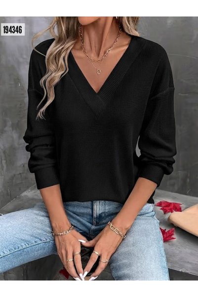 bysocafashion Women's Long Sleeve V-Neck Waffle Blouse