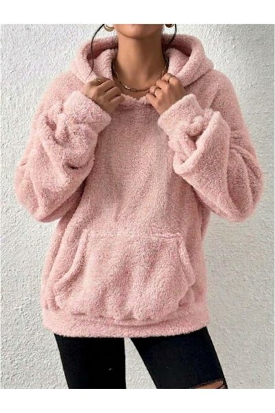 Rosy Live in style Plush Fabric Hooded Kangru Sweatshirt with Pockets and Cuffs