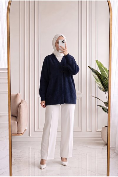 MİHRA STORE كارديجان زولنور ناعم بتفاصيل إكسسوارات مزدوجة -KR6033 أزرق داكن
