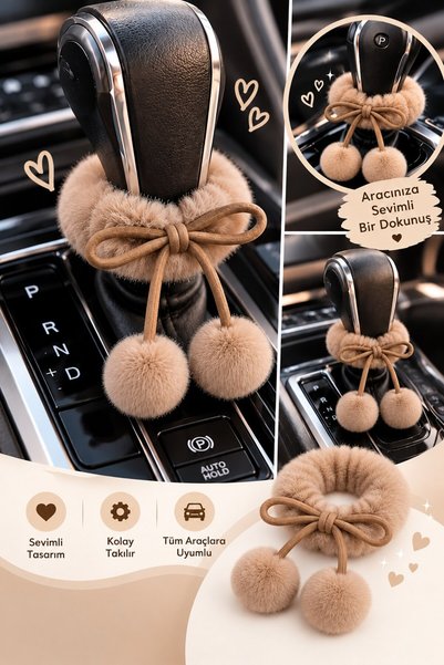 TEMUNGUR Brown Plush Bow and Pompom Gear Shift Ornament Car Interior Accessory